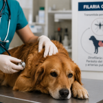 Veterinario revisando con estetoscopio a un perro golden retriever, con cartel informativo sobre la filaria canina