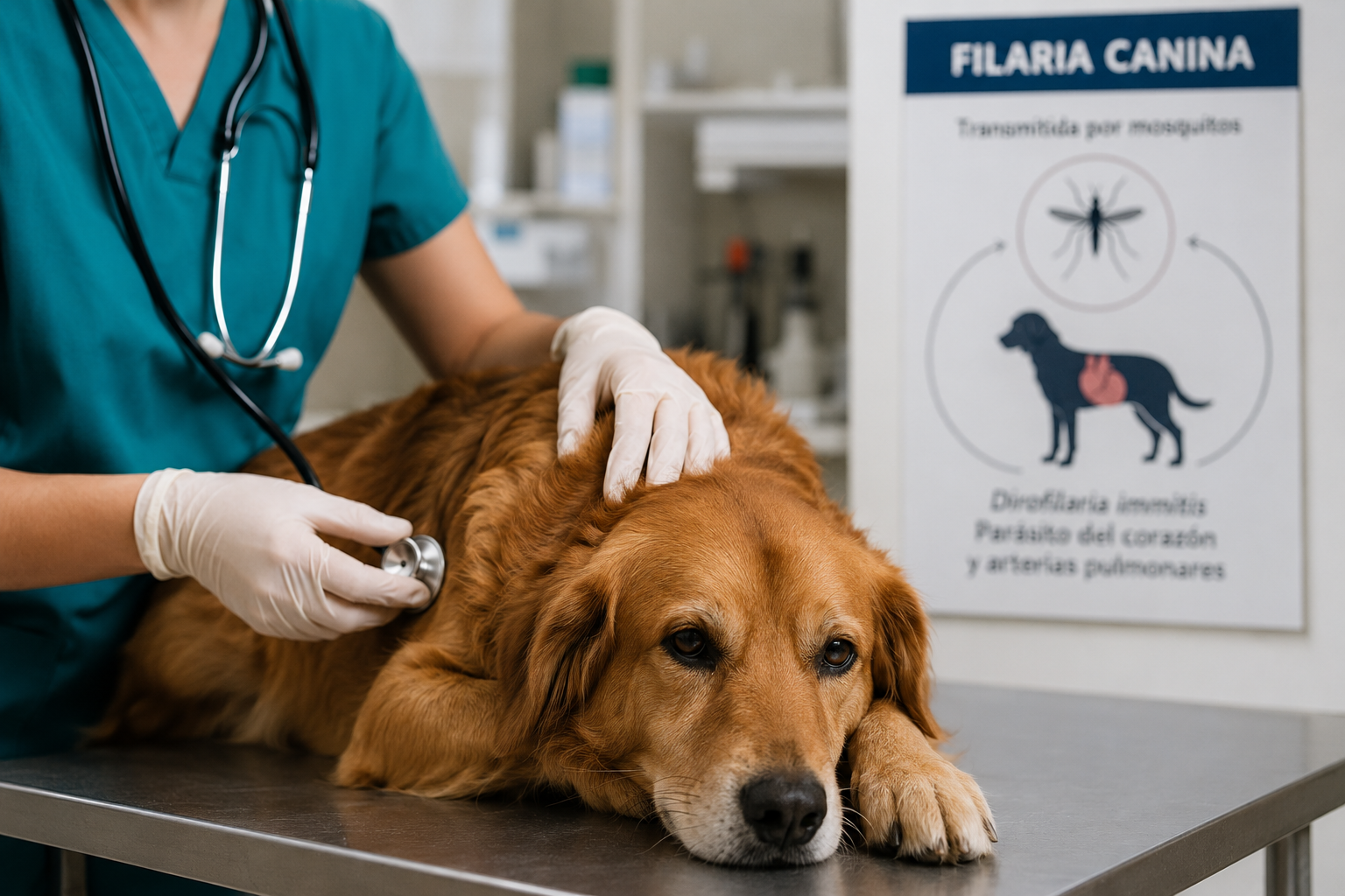 Veterinario revisando con estetoscopio a un perro golden retriever, con cartel informativo sobre la filaria canina