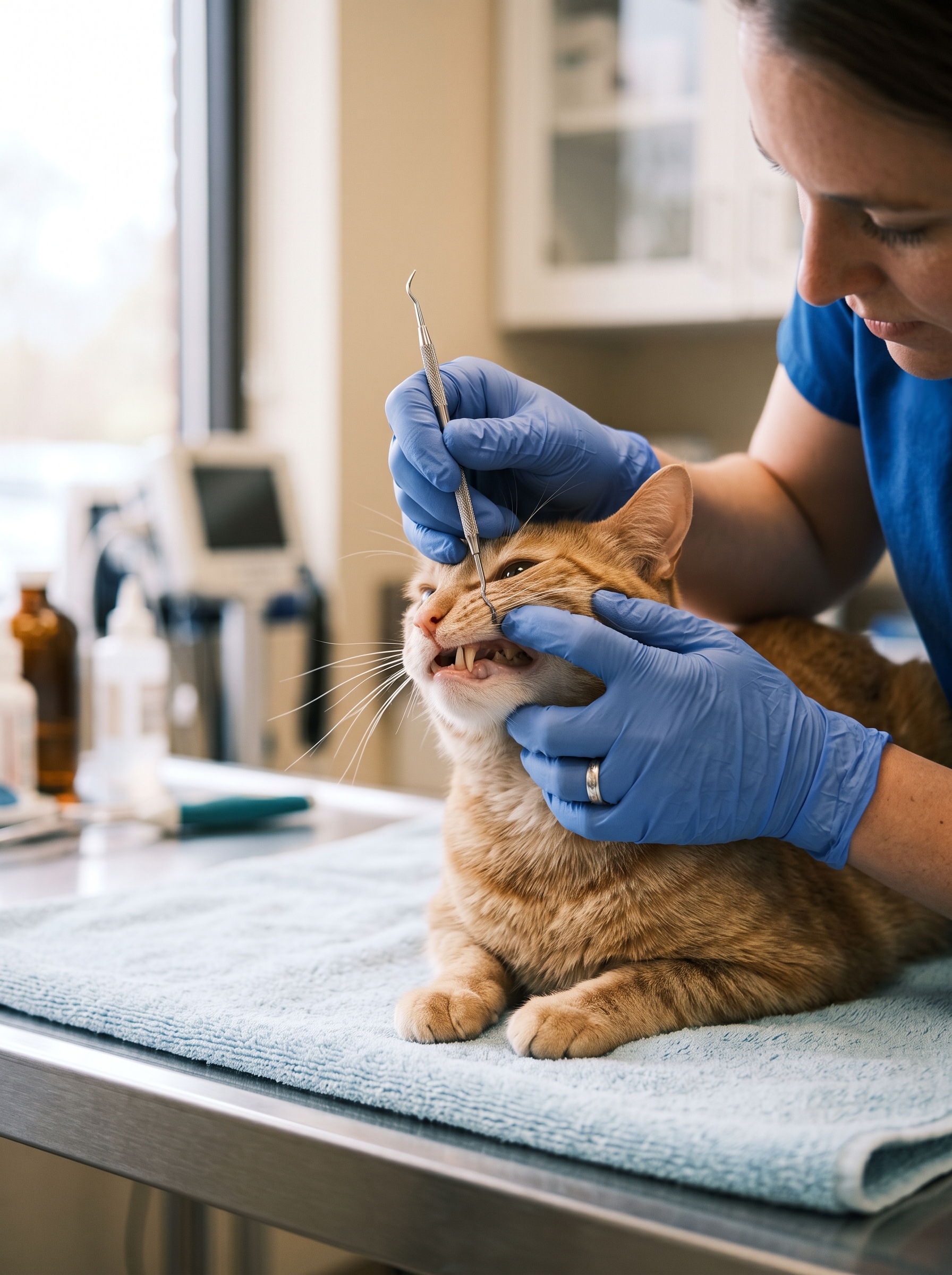 Veterinario revisando la dentadura de un gato