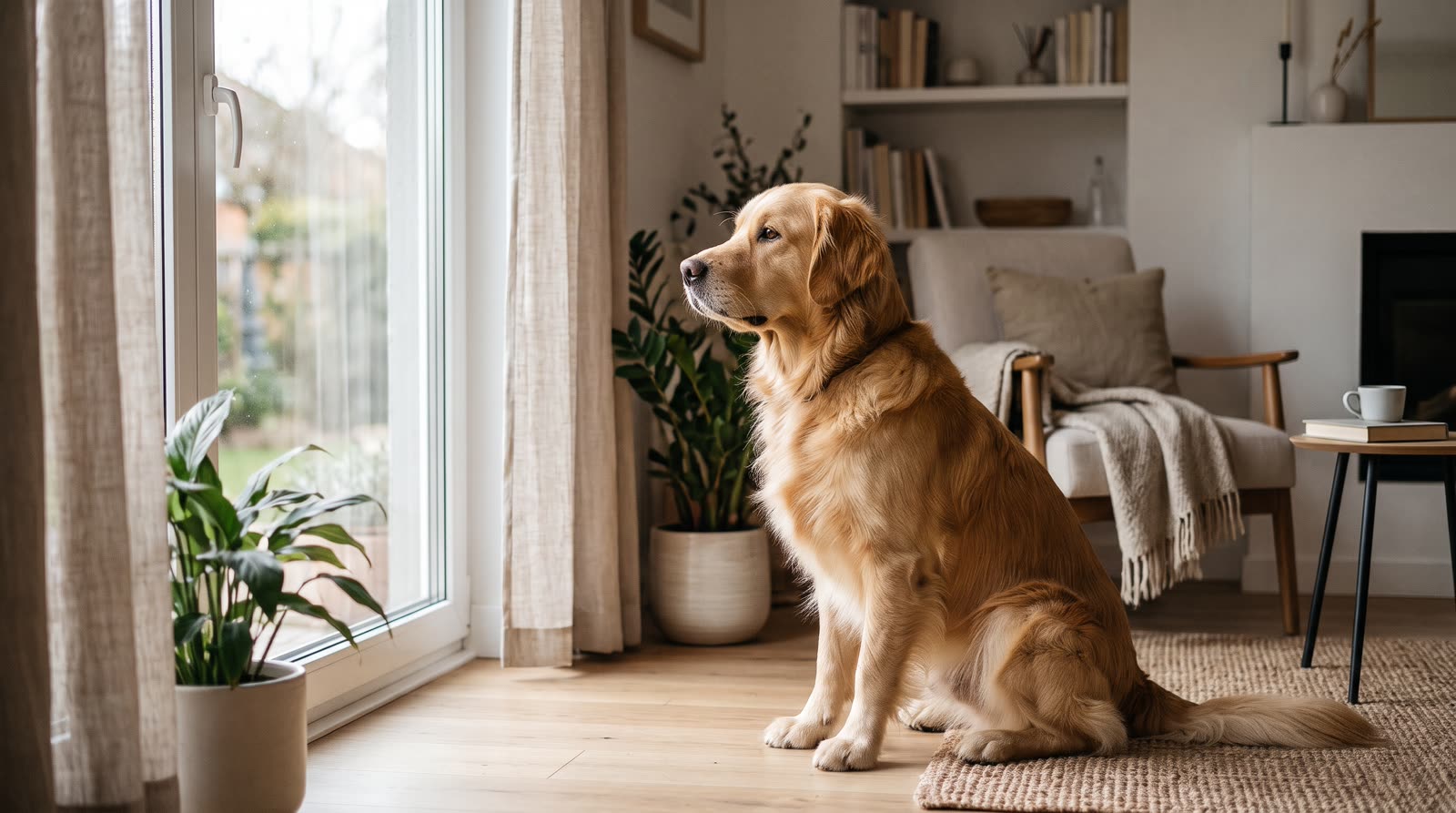 Perro golden sentado junto a una ventana esperando