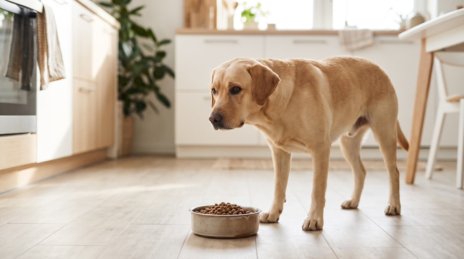 Perro labrador mirando un cuenco con pienso en la cocina