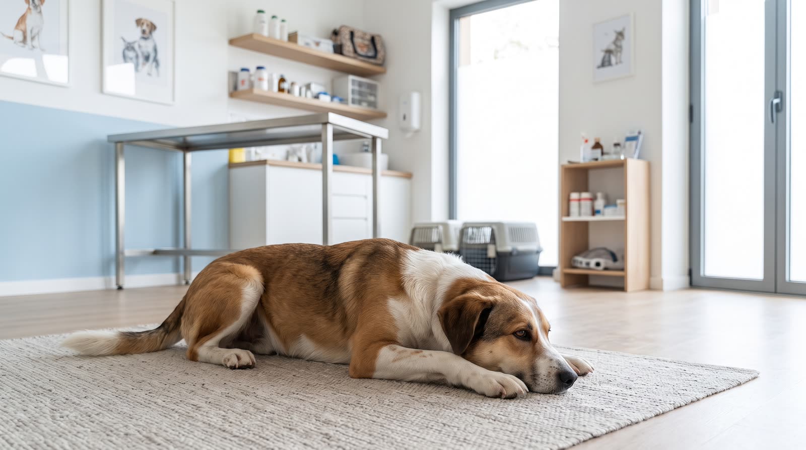 Perro tranquilo tumbado en una alfombra en una consulta veterinaria
