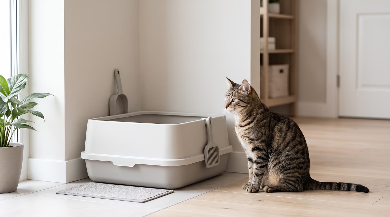 Gato atigrado sentado junto a un arenero limpio en una casa