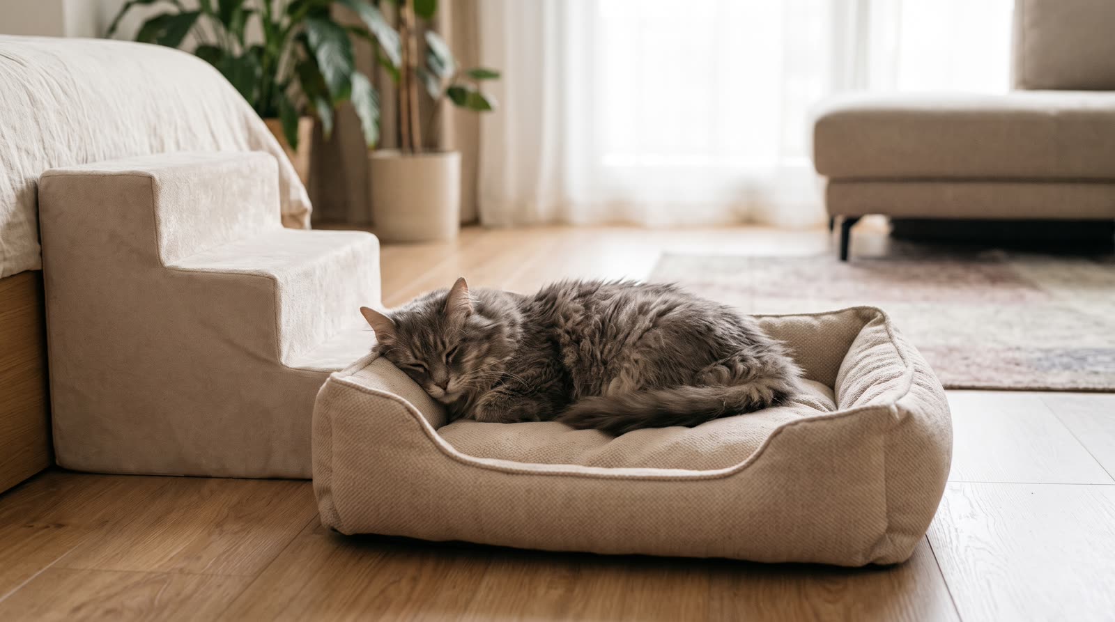 Gato mayor descansando en una cama blanda junto a unos escalones