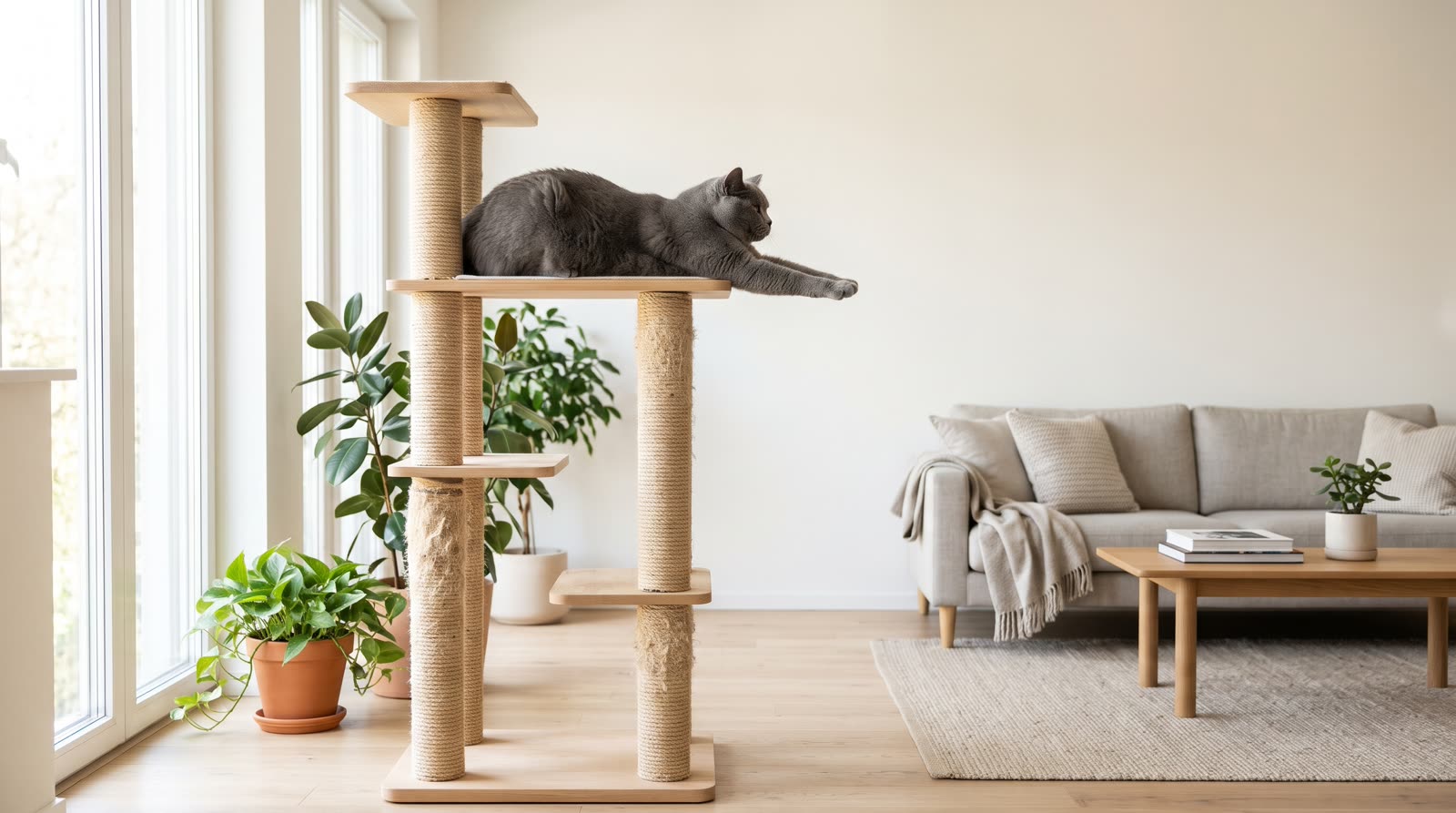 Gato gris estirado sobre un rascador de sisal en un salón
