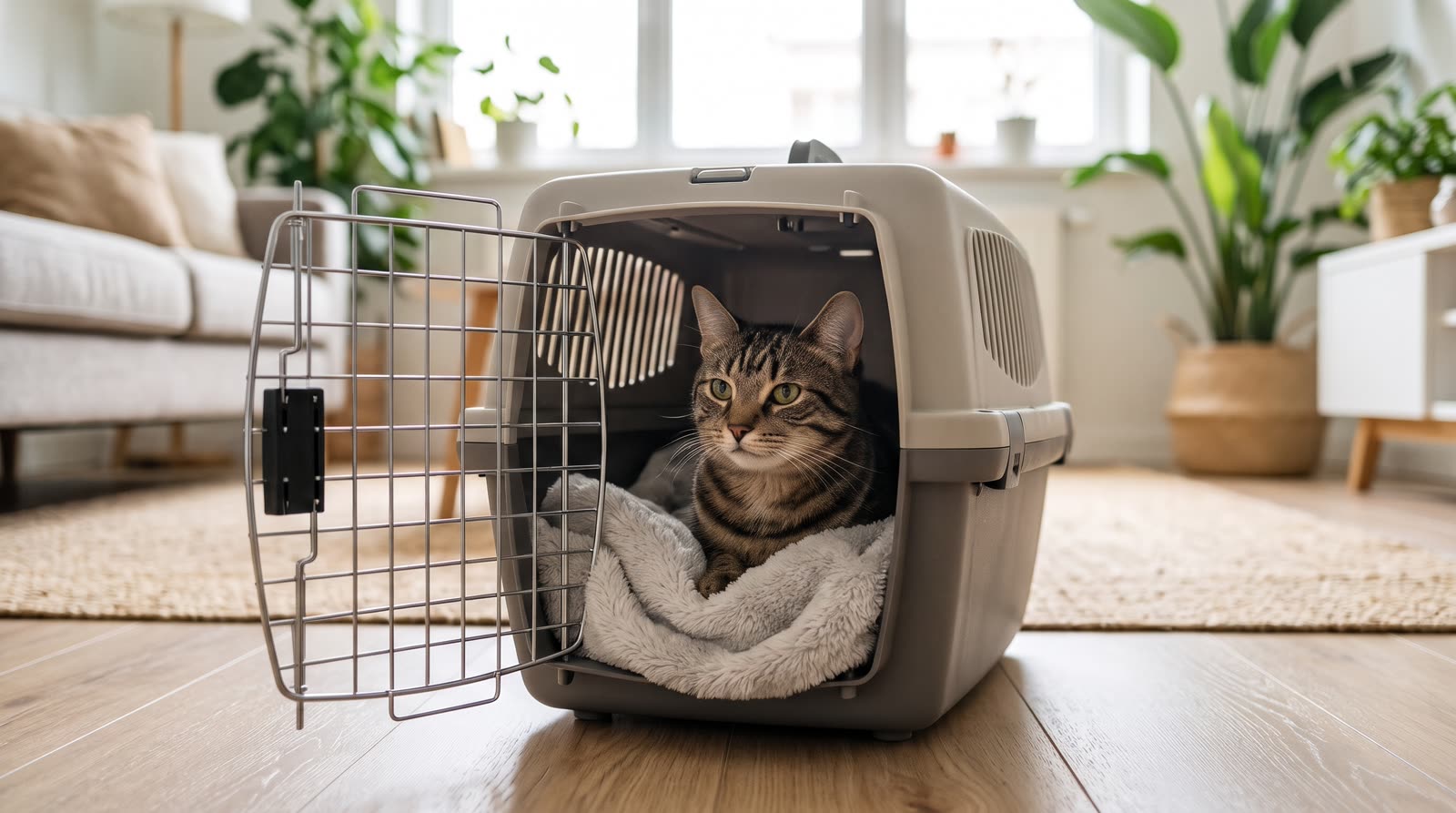 Gato atigrado dentro de un transportín abierto con manta