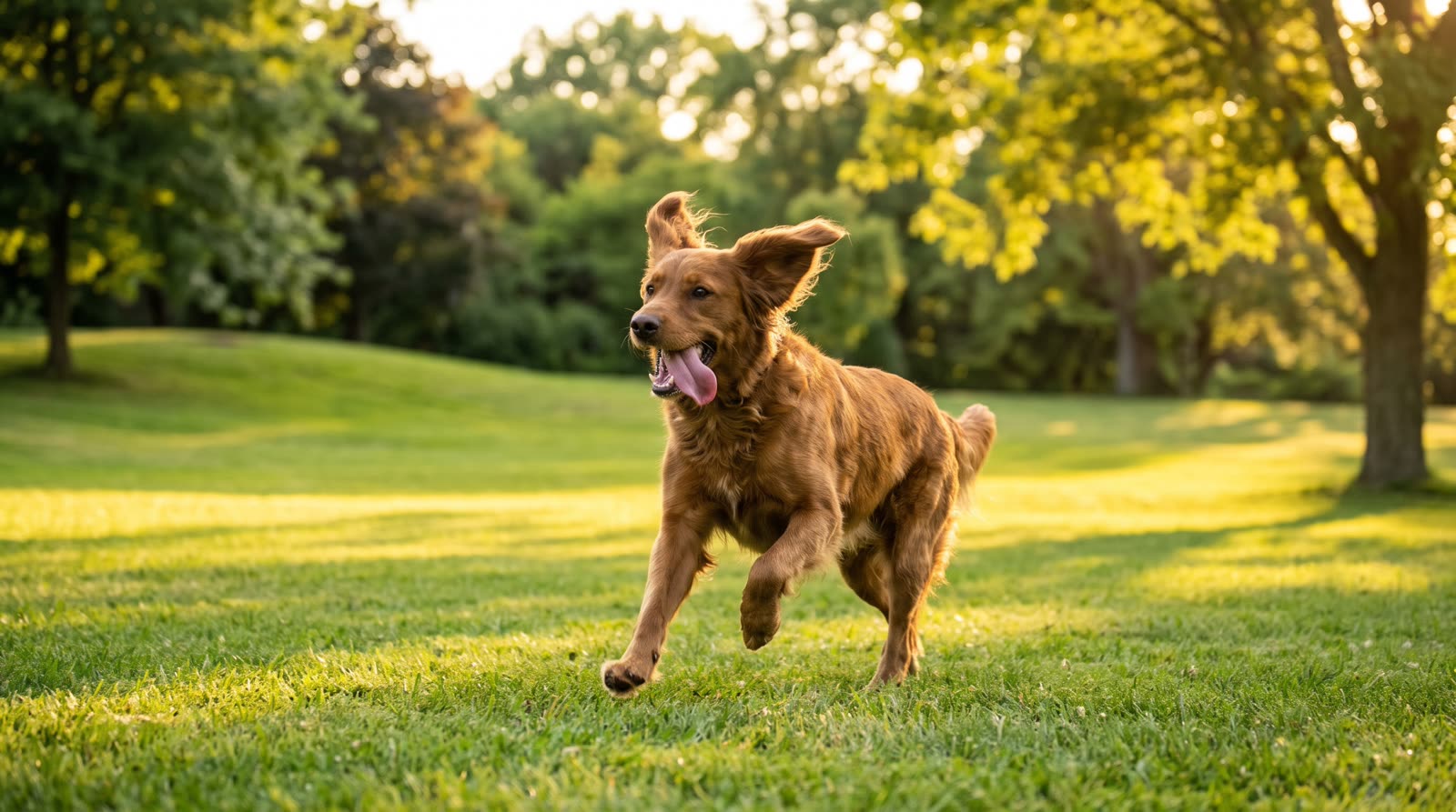 Perro corriendo feliz por un parque verde