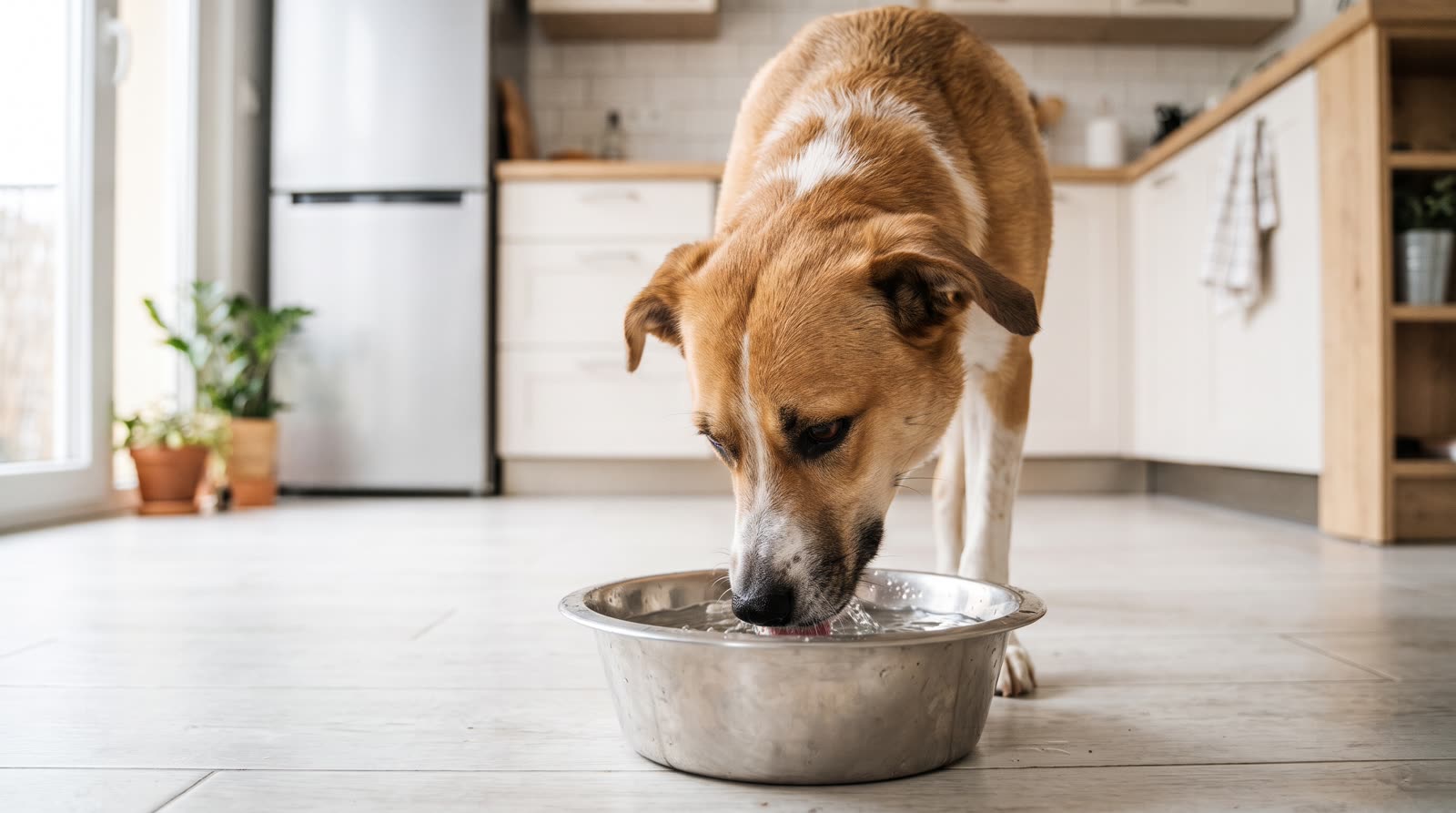 Perro bebiendo agua de un cuenco metálico en la cocina