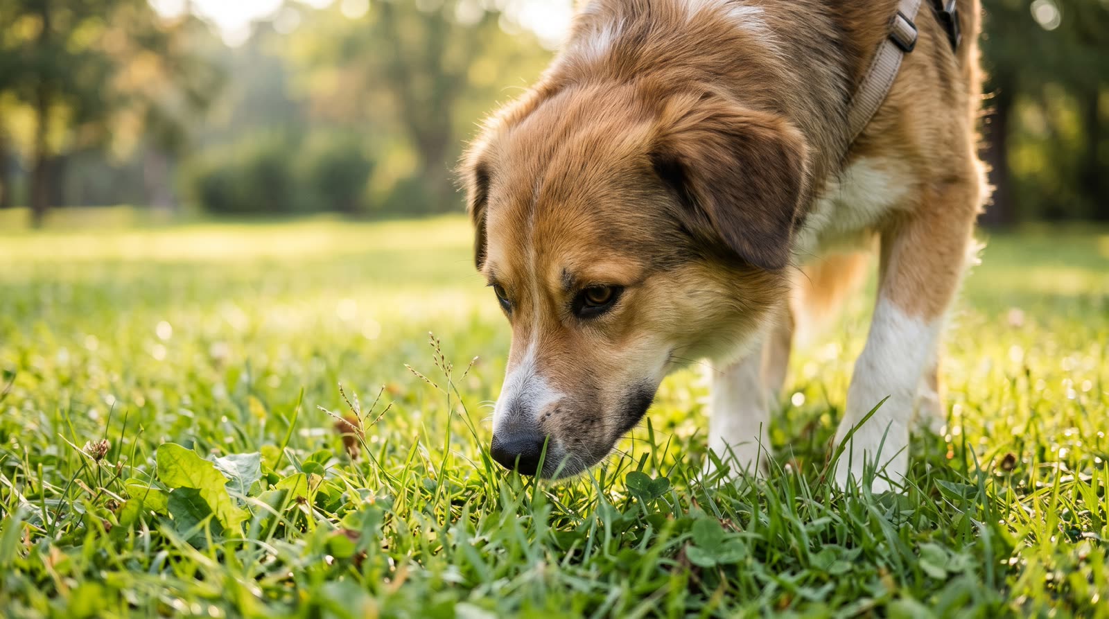 Perro olfateando la hierba durante un paseo