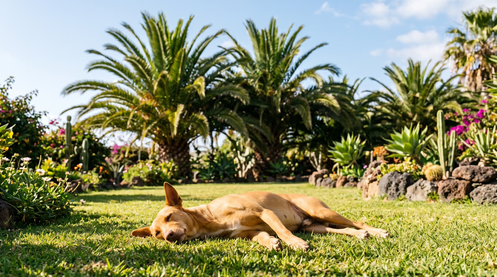 Perro tumbado al sol en un jardín canario con palmeras