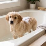 Cachorro con espuma de champú en una bañera