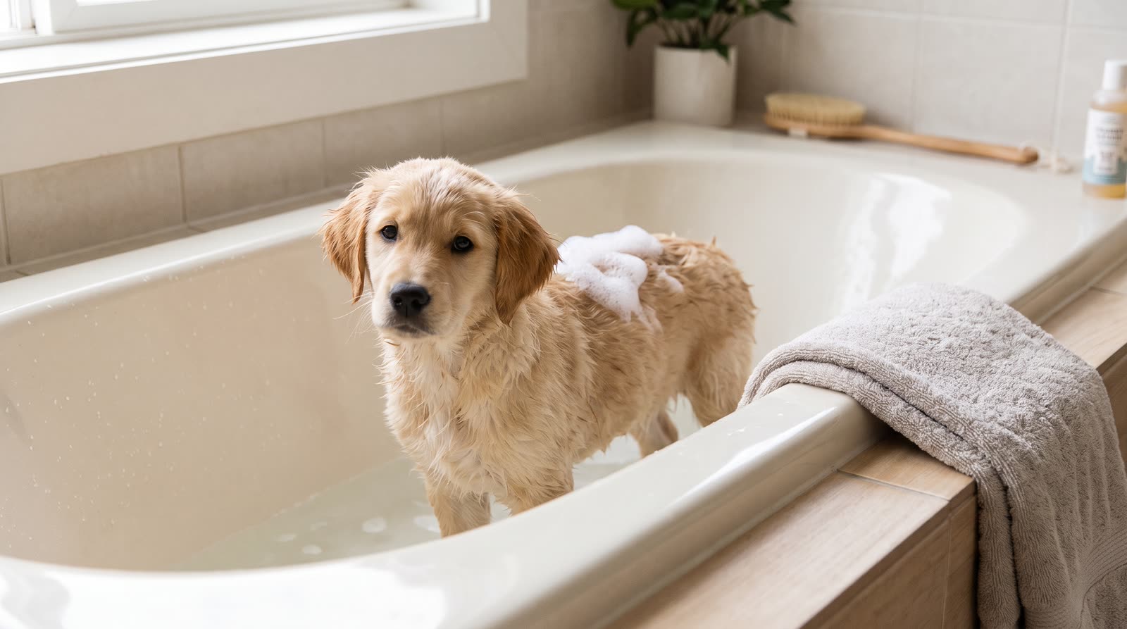 Cachorro con espuma de champú en una bañera