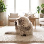 Gato de pelo largo acicalándose sobre una alfombra