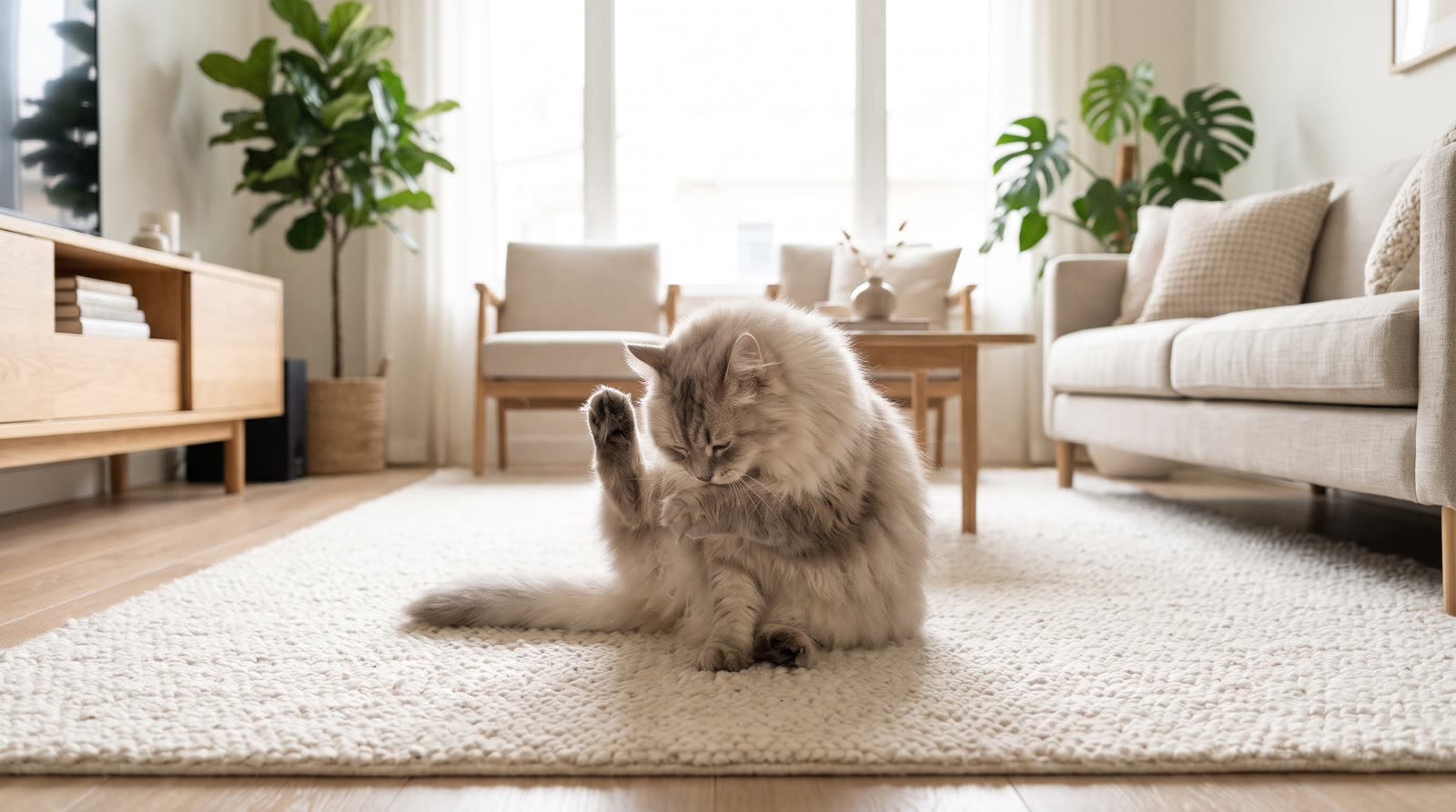 Gato de pelo largo acicalándose sobre una alfombra