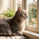 Gato mayor mirando por una ventana soleada