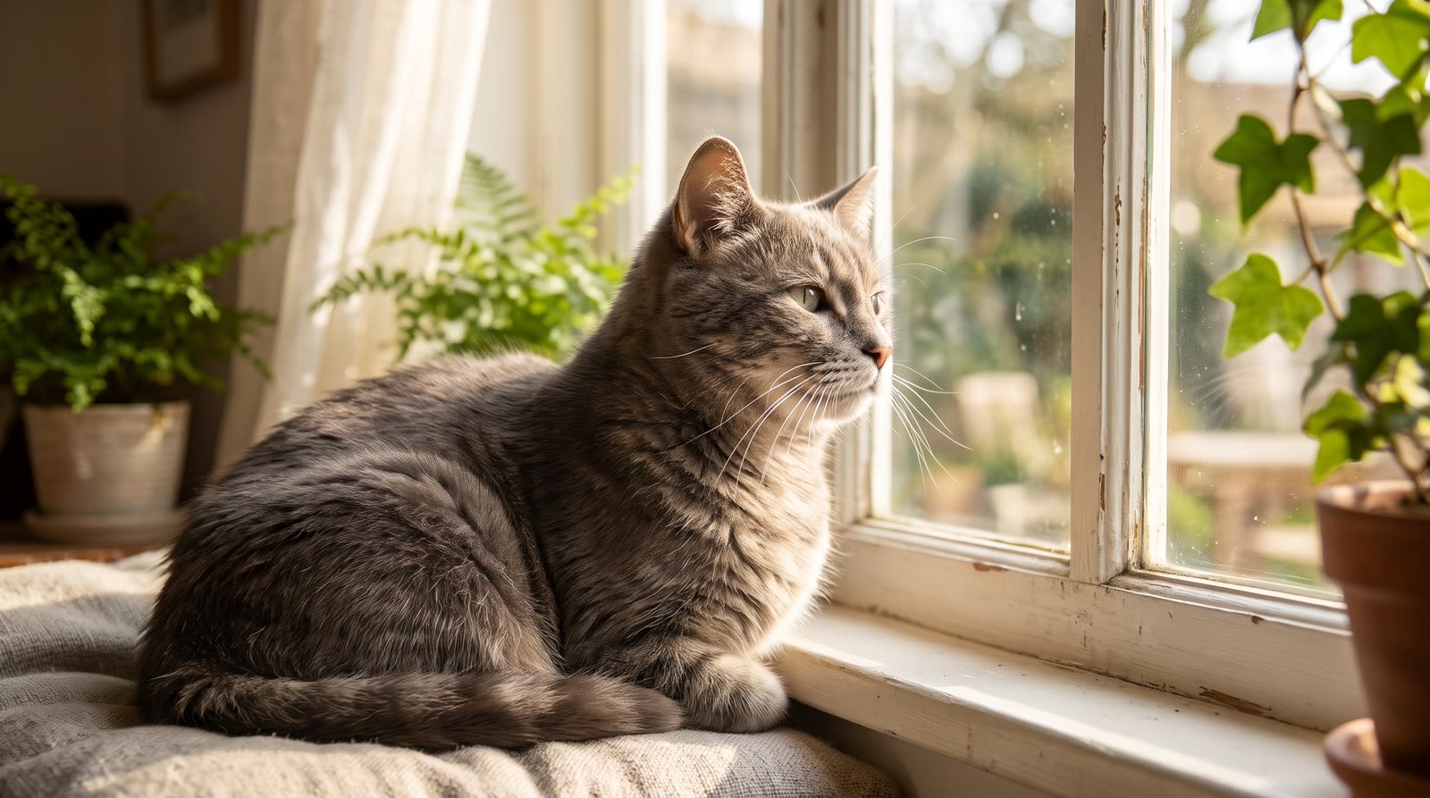 Gato mayor mirando por una ventana soleada