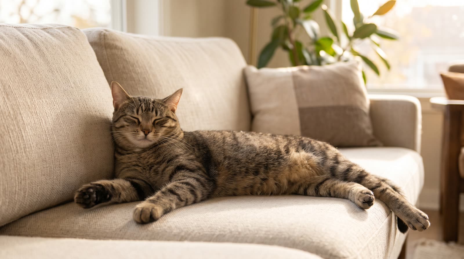 Gato atigrado relajado tumbado en un sofá
