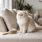 Gato persa en un sofá junto a un cepillo y pelo suelto