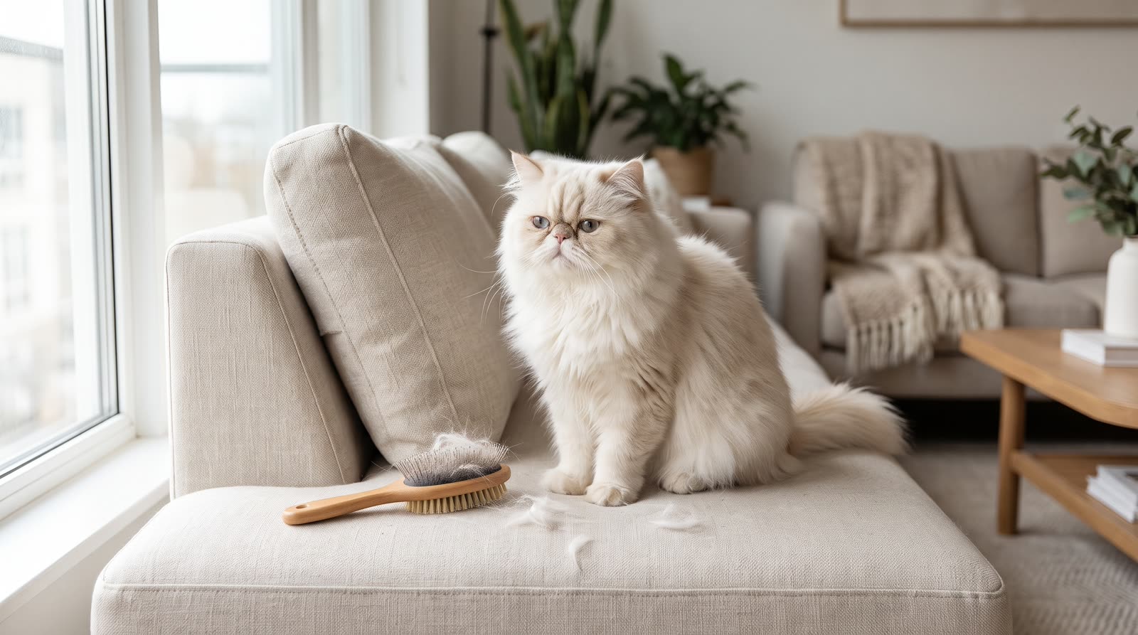 Gato persa en un sofá junto a un cepillo y pelo suelto