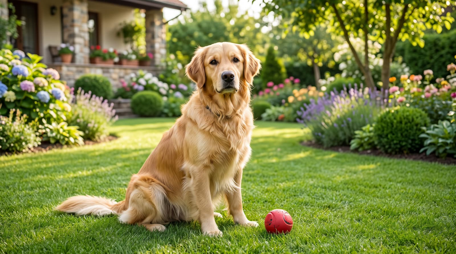 Perro golden sentado en un jardín con una pelota