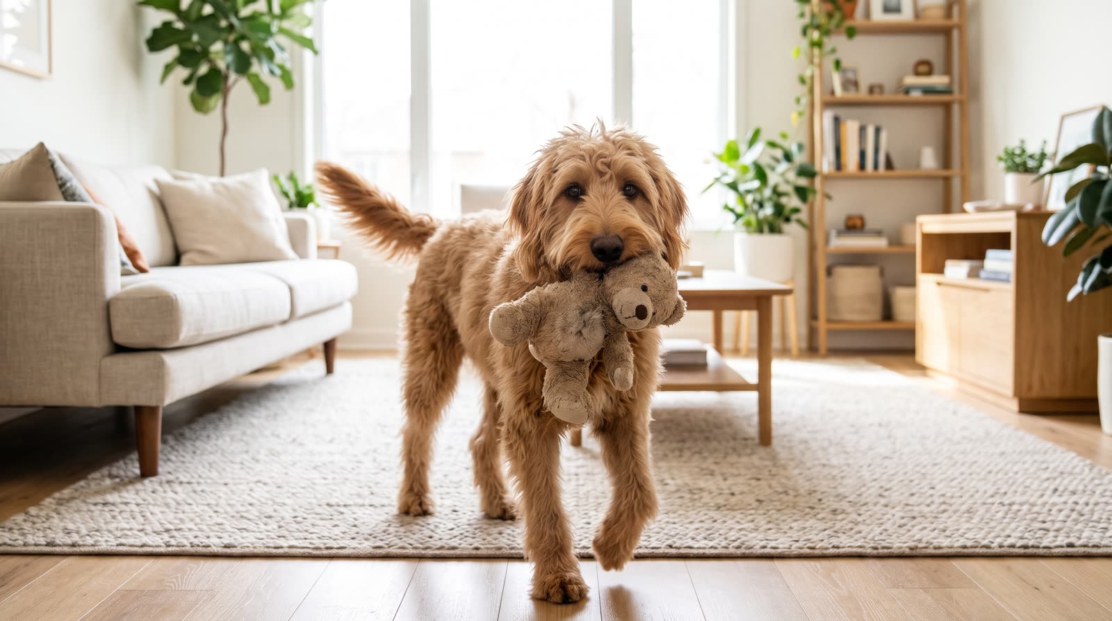 Perro juguetón con un peluche en la boca en un salón