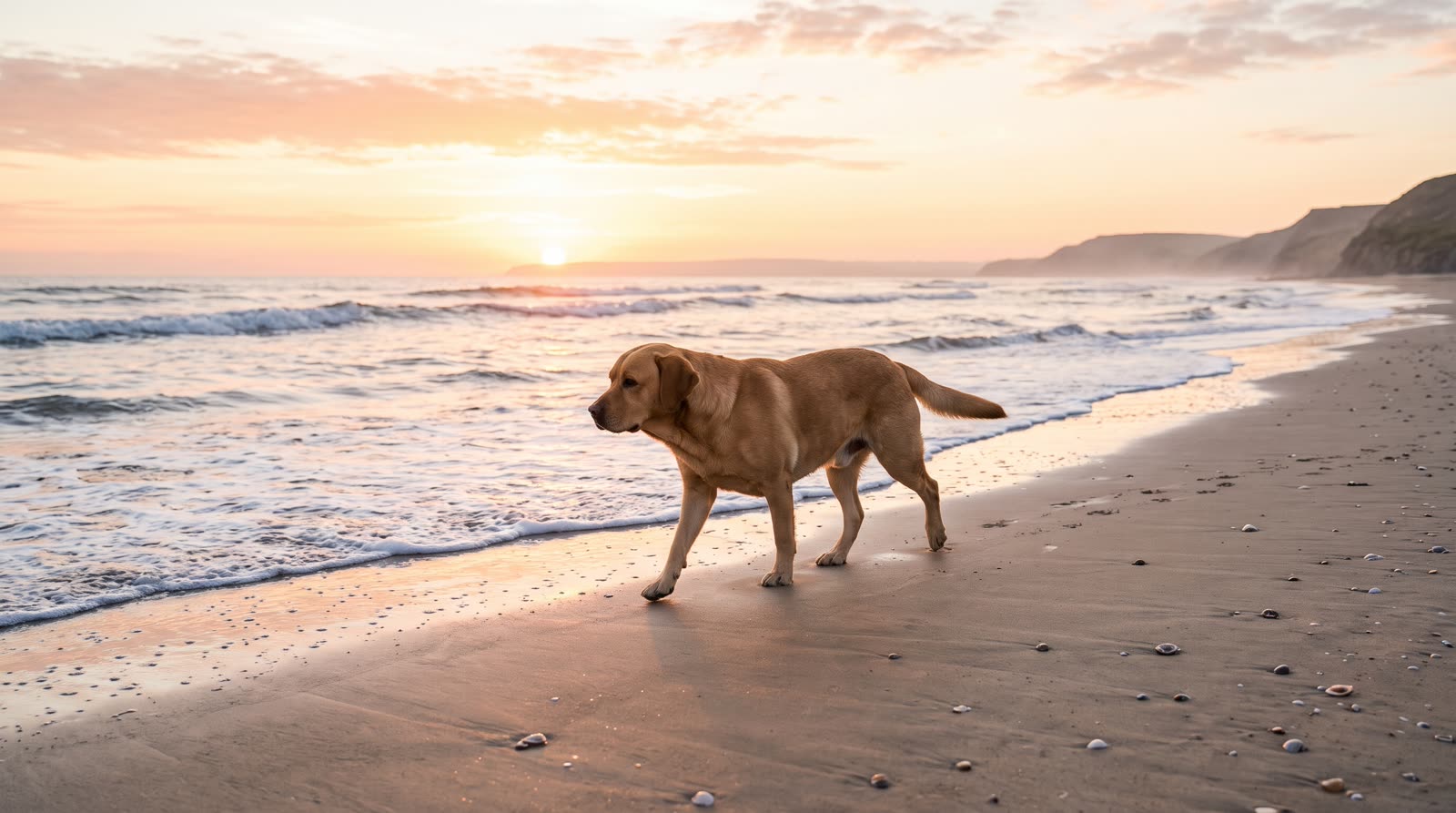 Perro labrador caminando por la playa al amanecer