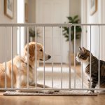 Perro y gato mirándose a través de una puerta de seguridad