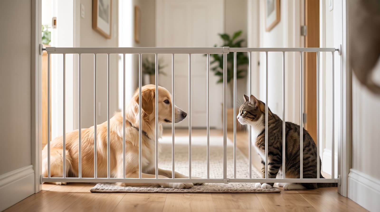 Perro y gato mirándose a través de una puerta de seguridad