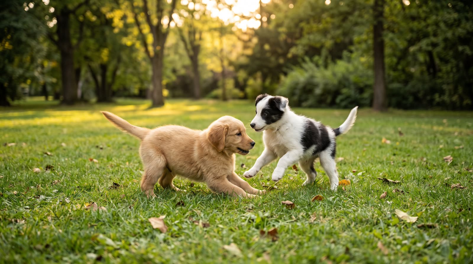 Dos cachorros jugando juntos en un parque