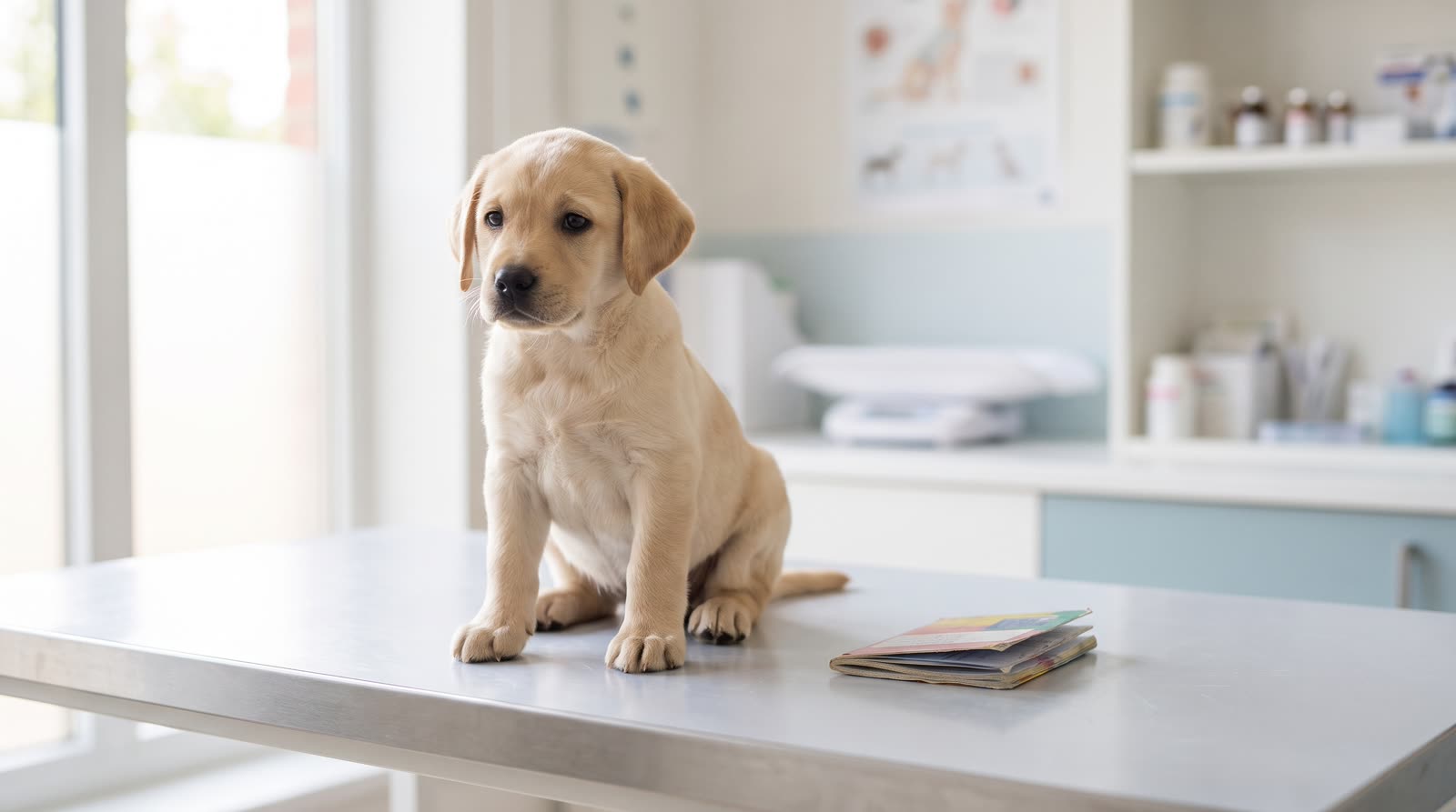 Cachorro sentado en una mesa de consulta veterinaria con una cartilla de vacunación