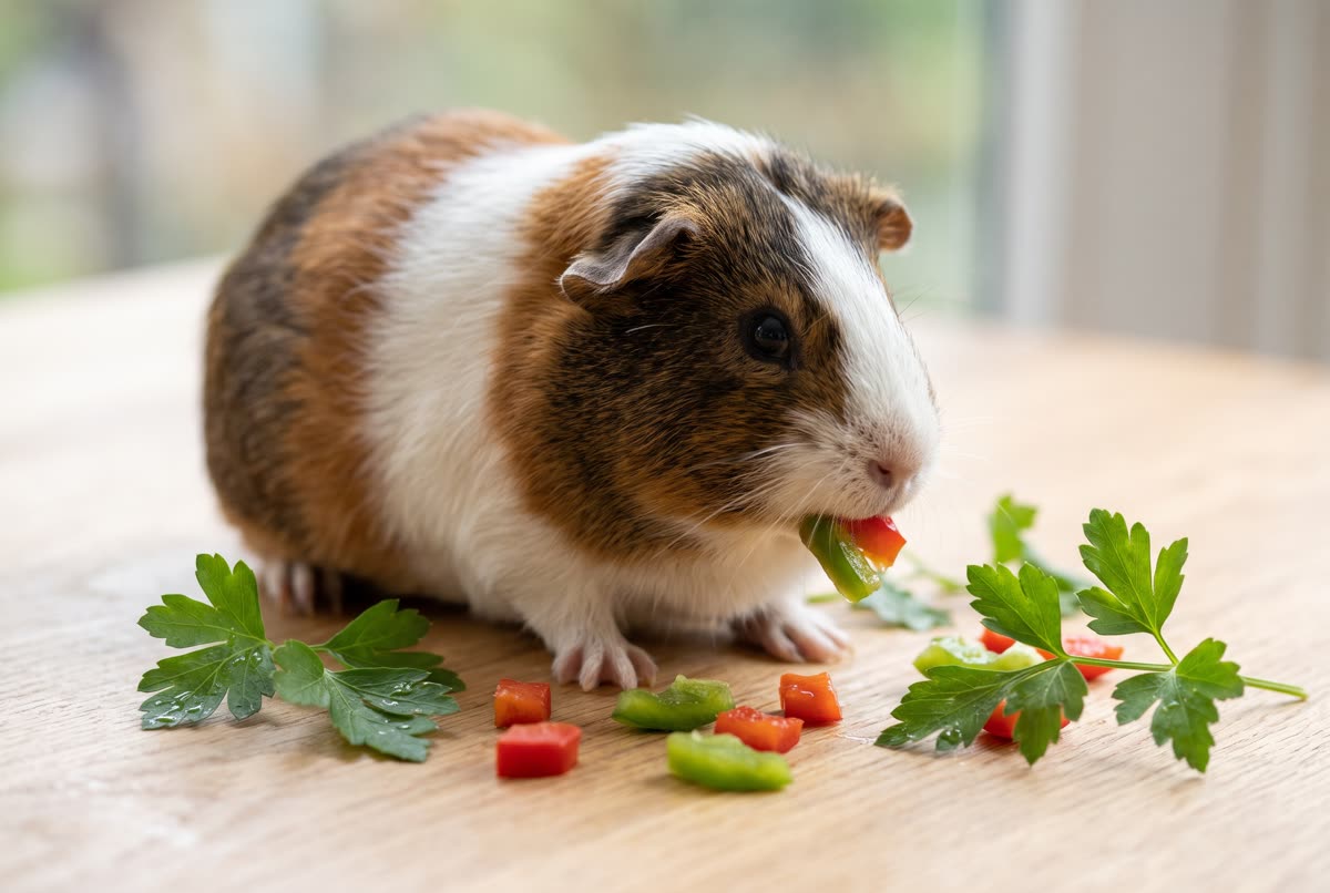 Cobaya comiendo pimiento y perejil fresco
