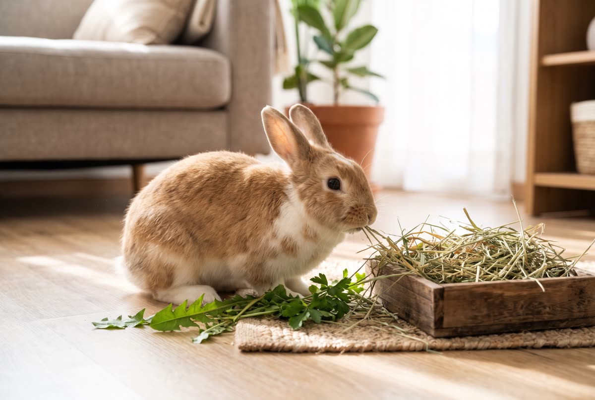 Conejo comiendo heno y hojas verdes en un salón luminoso