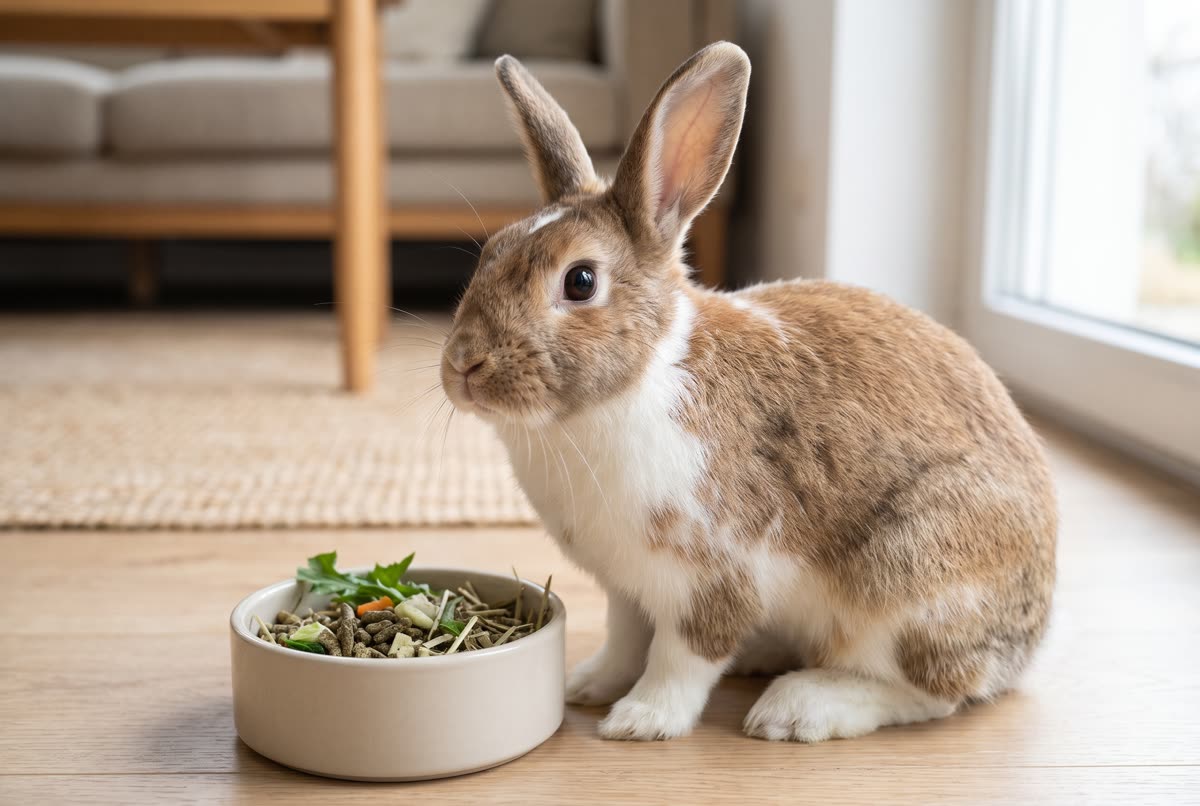 Conejo sentado junto a su cuenco de comida