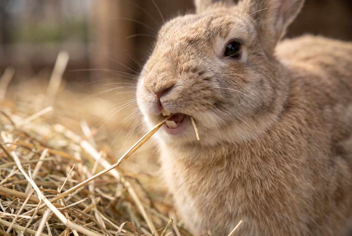 Conejo masticando una brizna de heno