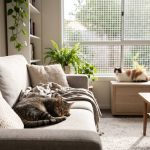 Dos gatos tranquilos en un salón luminoso con la ventana protegida con mosquitera