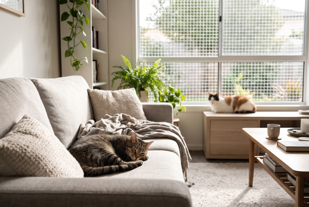 Dos gatos tranquilos en un salón luminoso con la ventana protegida con mosquitera