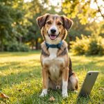 Perro mestizo con collar azul sentado en un parque junto a un teléfono móvil