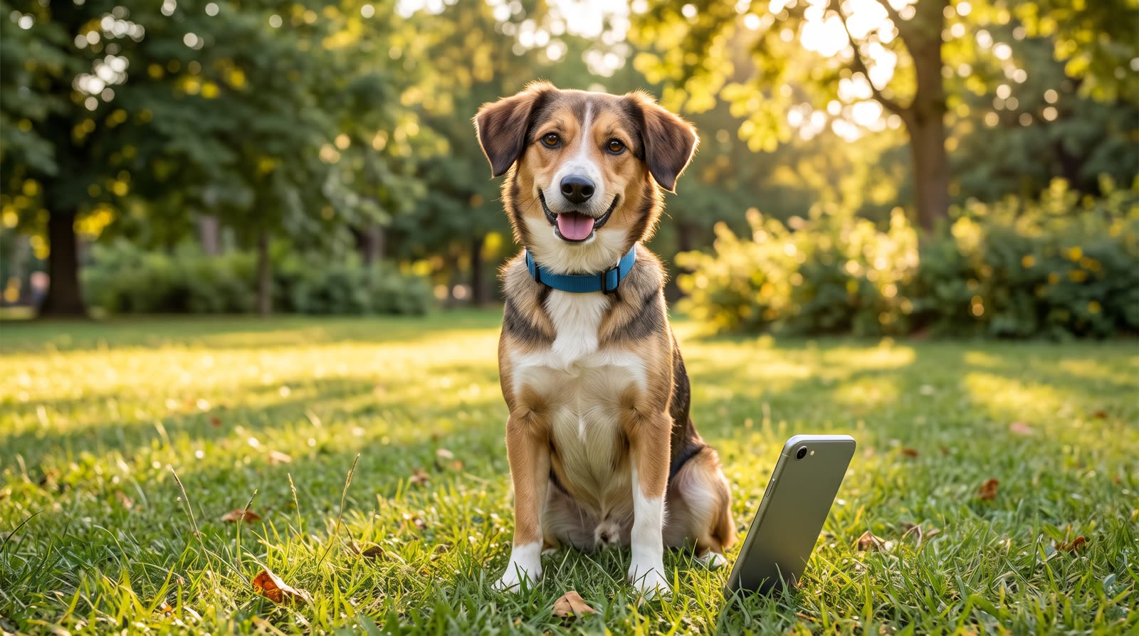 Perro mestizo con collar azul sentado en un parque junto a un teléfono móvil