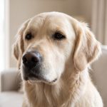 Perro de pelo claro con expresión tranquila en primer plano