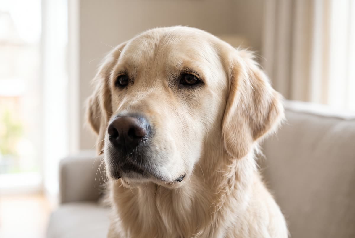 Perro de pelo claro con expresión tranquila en primer plano