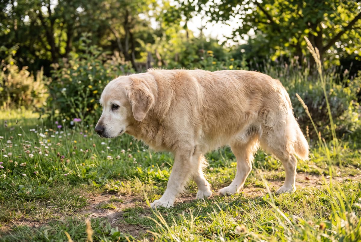 Perro senior de pelo claro caminando con calma por un jardín