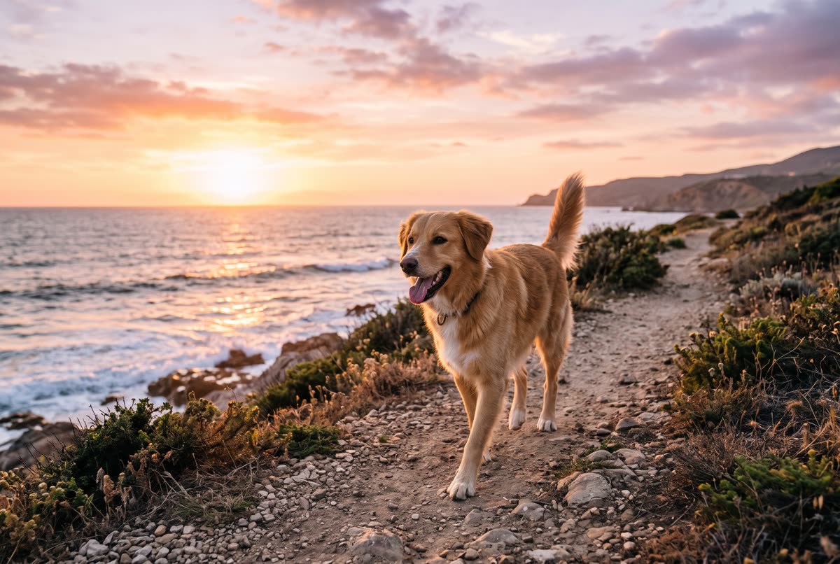 Perro feliz paseando por un camino junto al mar al atardecer