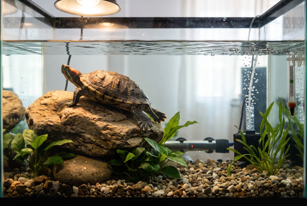 Tortuga acuática en un acuario con roca seca