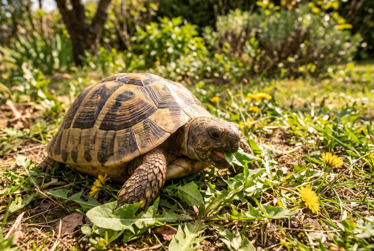 Tortuga de tierra comiendo hojas de diente de león